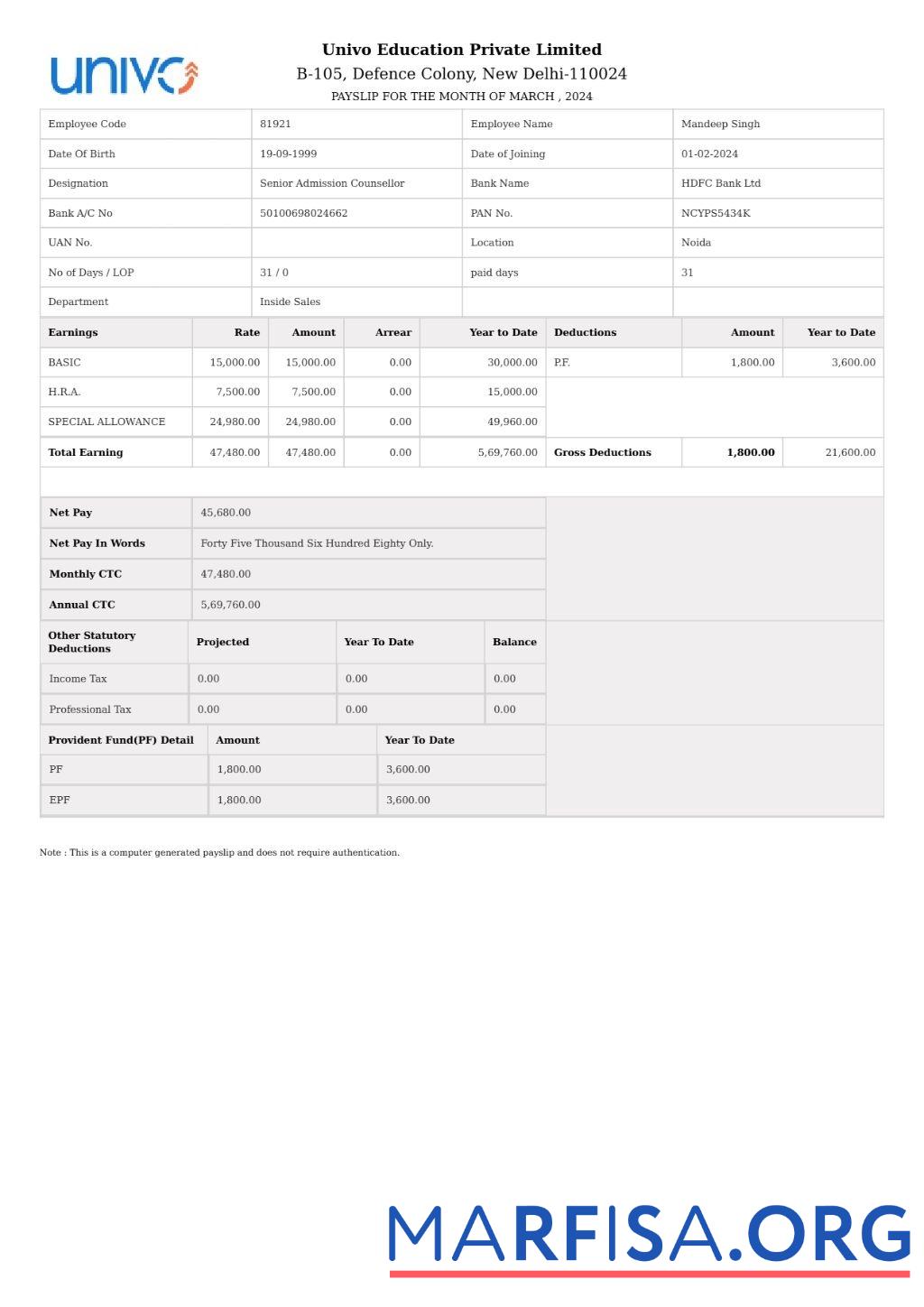 Printable Univo Education payslip example